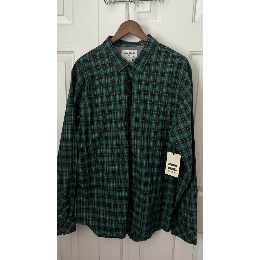 Men's Long Sleeve Plaid Shirt NWT brand Is BILLABONG SZ XXL Green And Black